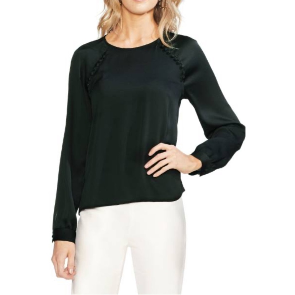 Button Shoulder Bubble Sleeve Satin Blouse